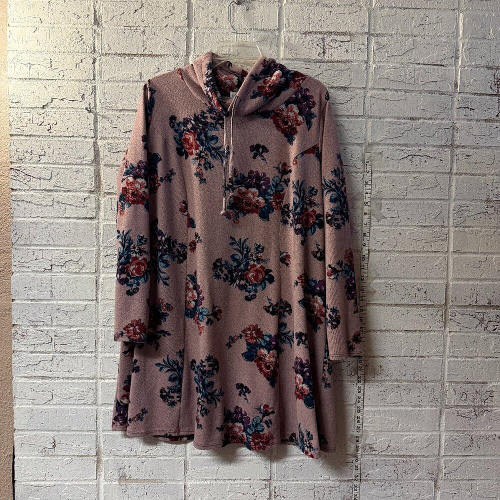Eye Candy Floral Hooded Tunic Dress 2X Pink Boho Swing Hoodie Top
